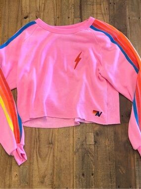 Aviator Nation Pink Cropped Crew with Rainbow Stripe Sleeves